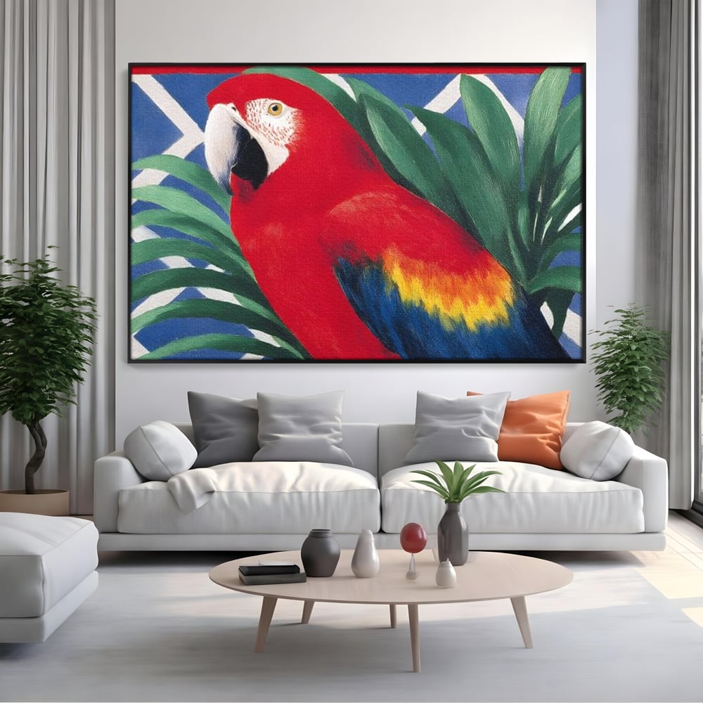 Tablou canvas cu tablou canvas cu papagal rosu, in rama de aluminiu negru, pe perete intr-un living